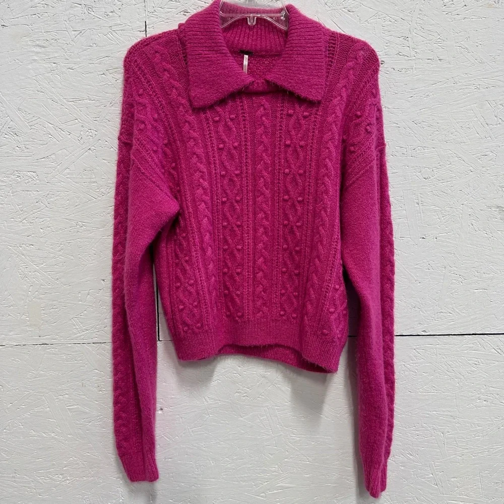 Free People Large Sweater Pink Cable Knit Polo Collar Boho Barbiecore Vibrant